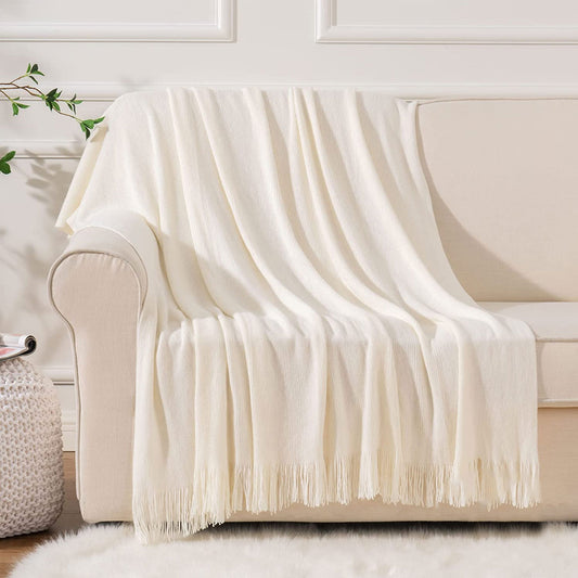 FRINGED WOVEN IVORY THROW BLANKET